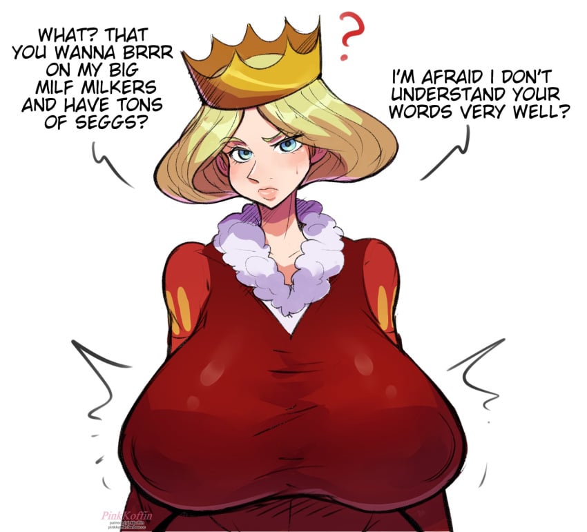 1girls ? blonde_hair blue_eyes crown dialogue english_text female female_only hi_res huge_breasts looking_at_viewer nipple_bulge ousama_ranking pinkkoffin queen_hilling ranking_of_kings solo talking_to_viewer white_background