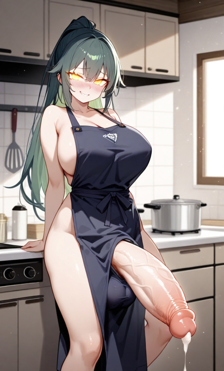 1futa ai_generated apron big_balls cum flaccid futanari green_hair huge_breasts huge_cock kitchen precum sideboob zynai