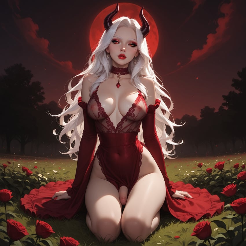 ai_generated blindparty choker civitai demon demon_futa demon_horns futanari makeup night night_sky outside red_clothing red_lipstick solo tagme white_hair