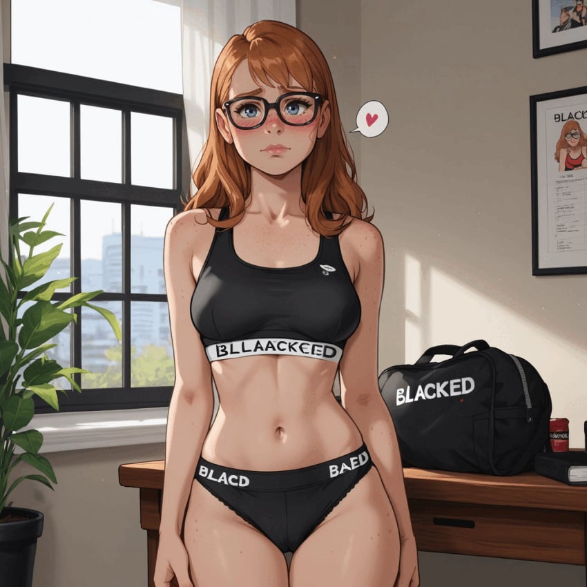 ai_generated barbara_gordon batgirl batman_(series) before_and_after blacked blacked_clothing confident dc_comics freckles glasses heart nervous nervous_smile photoshoot posing red_hair