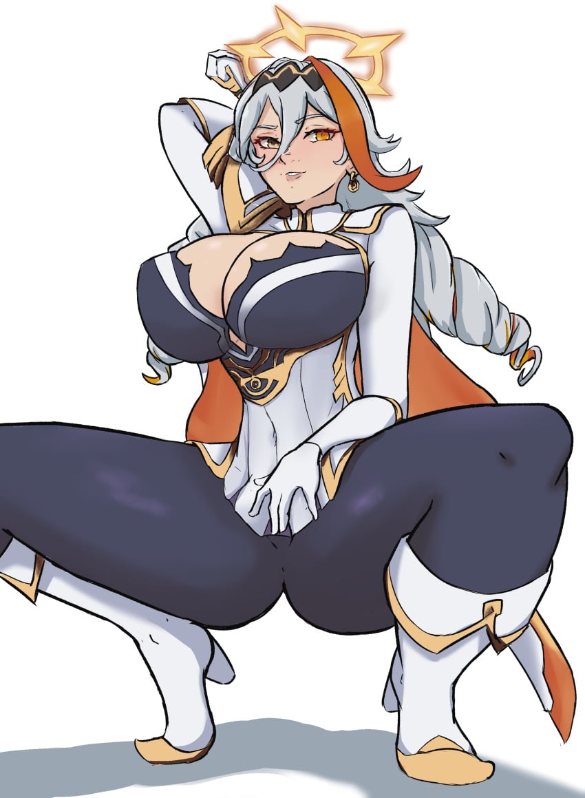 baldr_(fire_emblem_heroes) drill_hair female fire_emblem fire_emblem_heroes fully_clothed heterochromia in2naps large_breasts outline_of_ass spread_legs tight_leggings two_tone_hair