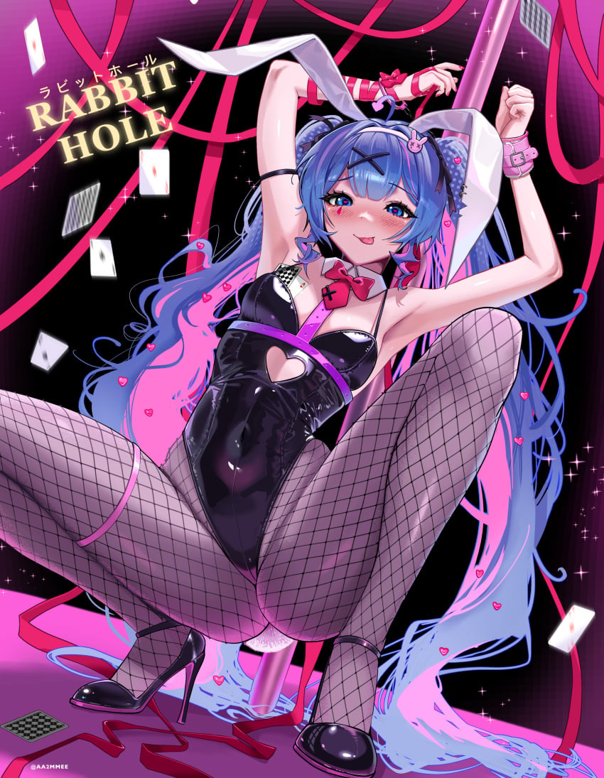 aa2mee absurdres animal_ears arms_up belly_button belly_button_visible_through_clothing black_leotard blue_eyes blue_hair bow bowtie bunny_costume bunny_ears bunny_girl bunnygirl bunnysuit card cards collar commentary detached_collar english_commentary english_text fake_animal_ears fake_tail female fishnet_legwear fishnet_pantyhose fishnets hair_ornament hands_up hatsune_miku heart heart-shaped_pupils high_heels highres leotard long_hair looking_at_viewer pantyhose petite petite_body petite_breasts petite_female pink_bow pink_bowtie pink_nails playboy_bunny playing_card playing_cards pole rabbit_ears rabbit_hole_(vocaloid) rabbit_tail red_ribbon ribbon smile solo squatting stripper_pole symbol-shaped_pupils tail tongue tongue_out twintails twitter_username vocaloid white_collar x_hair_ornament