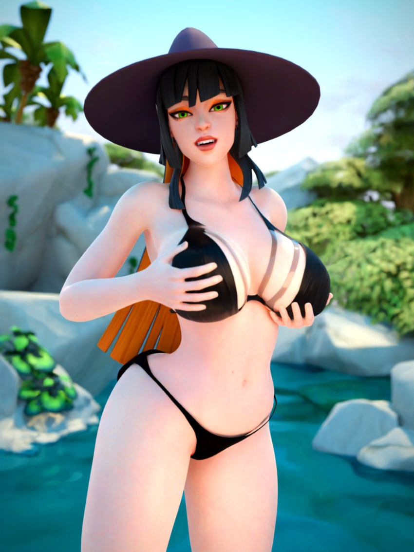 1girls 3d ass bikini bikini_bottom bikini_top black_bikini black_bra black_panties breast_squeeze breasts breasts_bigger_than_head breasts_out countess_daraku_(fortnite) female female_only fortnite fortnite:_battle_royale grabbing grabbing_own_breast green_eyes hands_on_breasts landscape landscape_background orange_makeup outdoors outside partially_clothed partially_clothed_female phaedra_(fortnite) red_lipstick sorrenpalace tree trees water waterfall