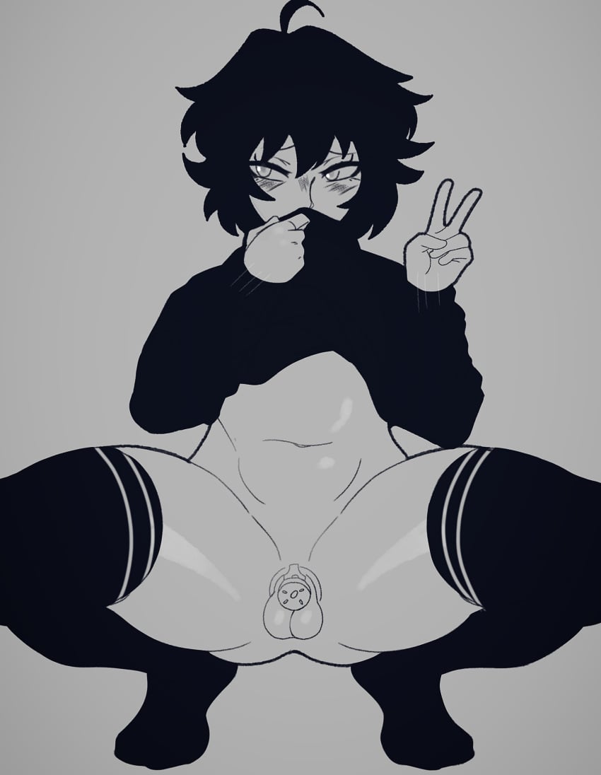 1boy beta_male black_hair bottomless chastity_cage cute doomer_boy embarrassed emo femboy goth johnv meme_reference peace_sign rage_comics sissy solo squatting tagme teenager thick thick_thighs thighhighs thighs twink wojak_comics