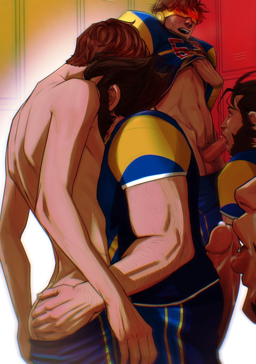 balls bara big_balls big_penis blowjob cyclops_(x-men) erection gay gay_blowjob logan_(x-men) male male/male male_only manly marvel marvel_comics muscular_male oral oral_sex penis scott_summers wolverine_(x-men) x-men yakichou