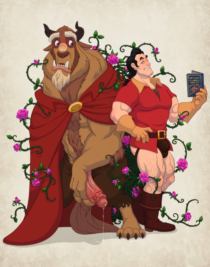 2_horns anthro beast_(disney) beauty_and_the_beast biceps bodily_fluids book bulge claws clothing disney duo fangs gaston genital_fluids genitals hi_res horn human jockstrap leaking_precum lovkuma male mammal muscular muscular_male paws penis precum size_difference teeth underwear vein veiny_penis