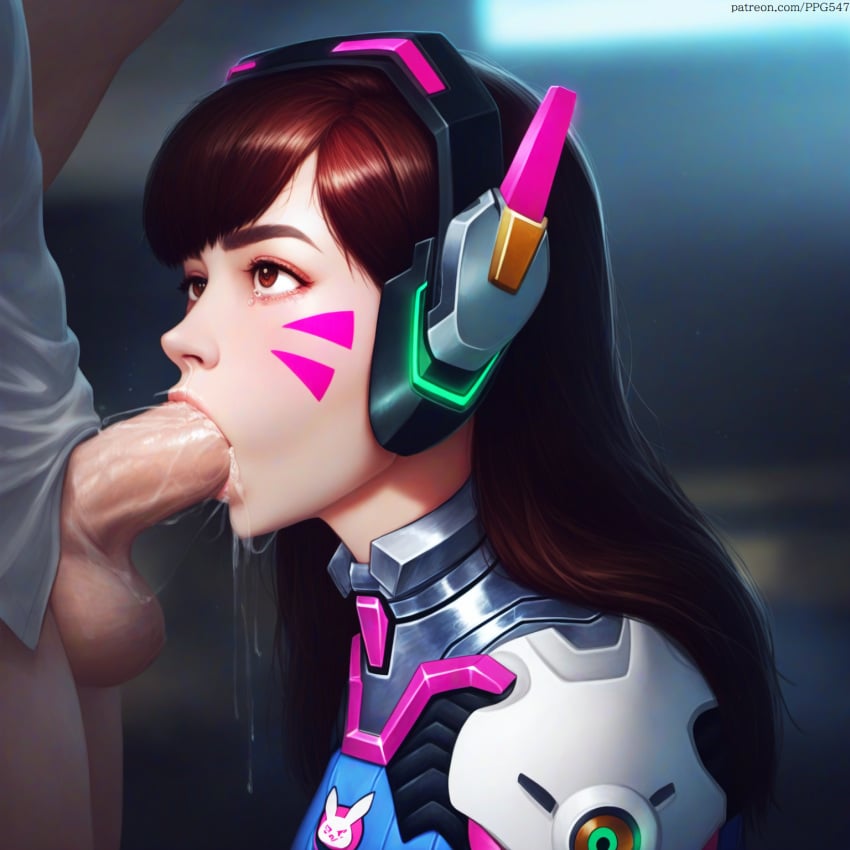 ai_generated balls bangs big_penis blowjob bodysuit brown_eyes brown_hair clothed clothed_female clothed_sex clothing cum cum_drip cum_dripping cum_in_mouth cum_inside cumdrip d.va facial_tattoo fellatio female female_human headset indoors indoors_sex long_hair nai_diffusion oral oral_creampie oral_sex overwatch penis pujopg straight_hair tattoo teenage_girl teenager veiny_penis whisker_markings