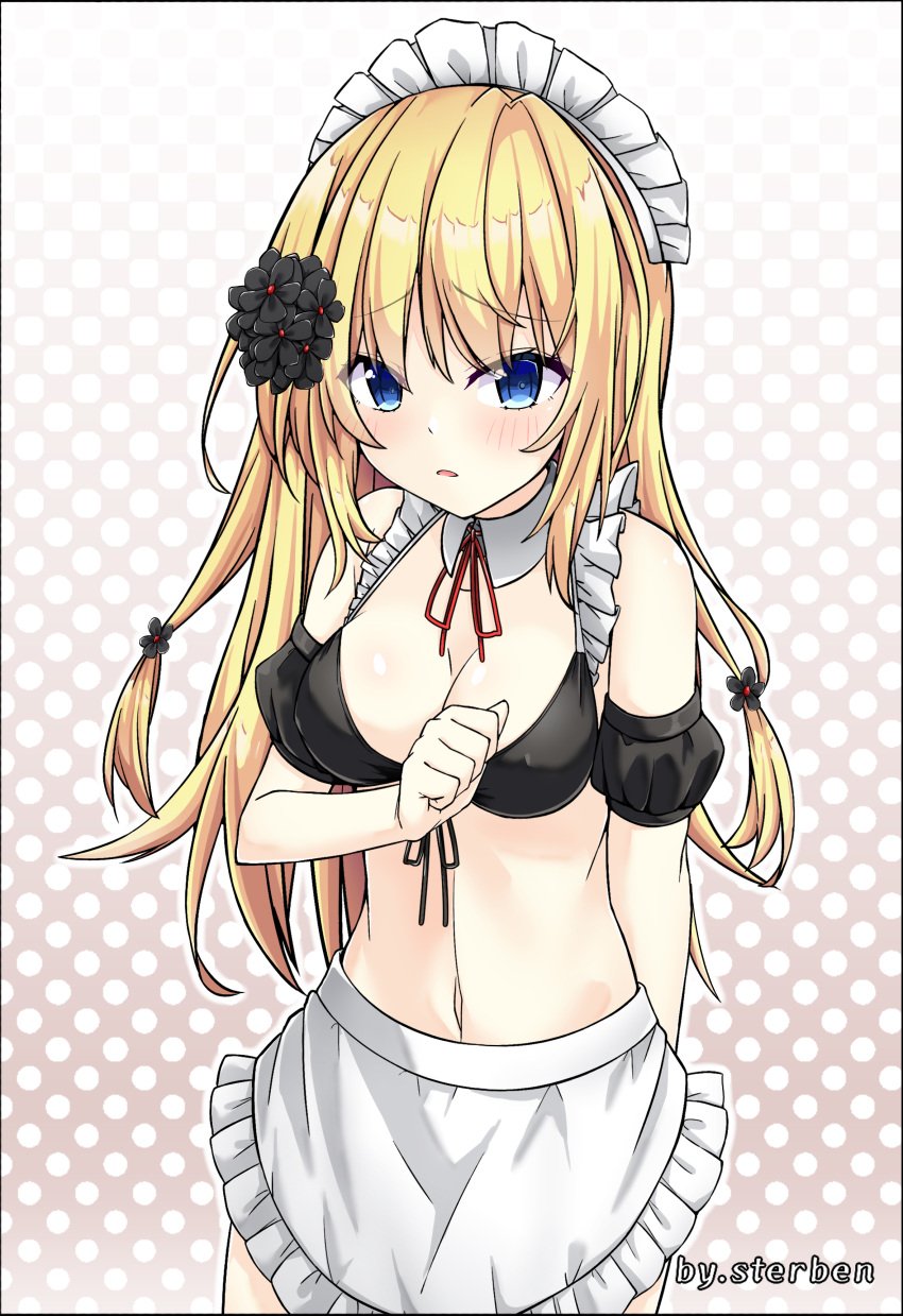 absurdres altea_aquila_(jain_no_ikenie) alternate_costume artist_name bikini black_flower blonde_hair blue_eyes blush breasts covered_nipples female flower hair_flower hair_ornament highres jain_no_ikenie long_hair maid maid_bikini maid_headdress medium_breasts open_mouth sterben_(sterben_dead) swimsuit unconventional_maid