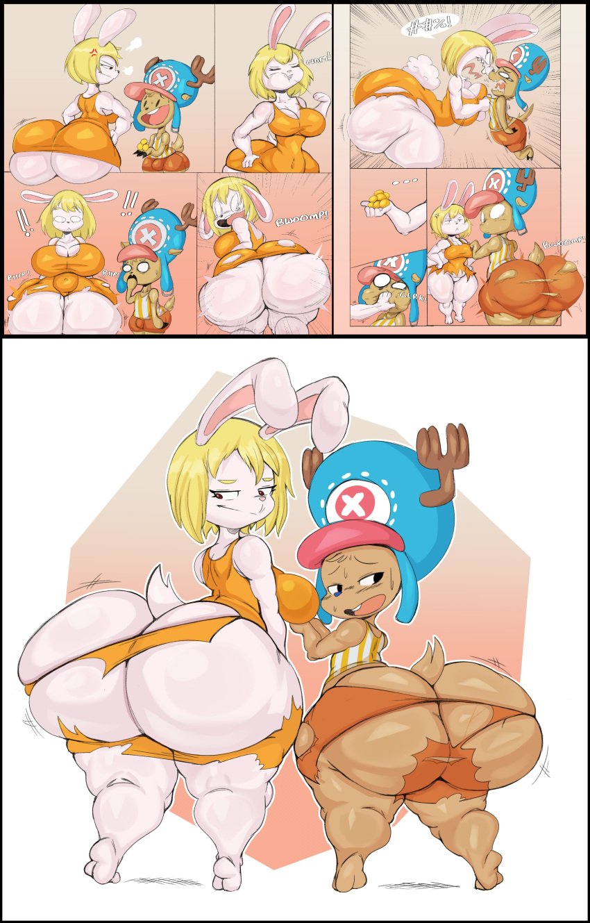 1boy 1girls anger_vein angry annoyed anthro anthro_only antlers ass ass_cleavage ass_expansion ass_visible_from_the_front big_ass blonde_hair both_sexes_in_same_situation bottom_heavy breasts bubble_butt butt_crack carrot_(one_piece) cellulite dress edit edited female femboy force_feeding hat huge_ass lagomorph large_ass looking_at_ass looking_at_self looking_back male nervous_sweat one_piece purple_yoshi_draws rabbit reindeer shorts surprised sweat thick_ass thick_thighs thunder_thighs tony_tony_chopper torn_clothing transformation_food wardrobe_malfunction wide_hips yelling