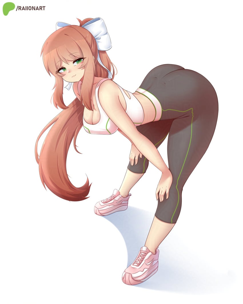 bending_over big_ass big_breasts brown_hair doki_doki_literature_club green_eyes hair_ribbon leaning_forward leggings long_hair looking_at_viewer monika_(doki_doki_literature_club) raionart slim_waist sports_bra sportswear stretching teenager thick_thighs tied_hair wide_hips