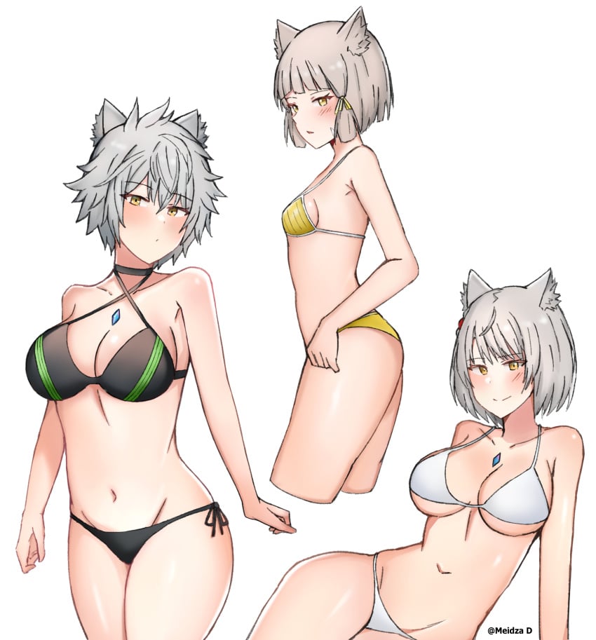 3girls black_swimsuit breasts busty cat_ears catgirl cleavage core_crystal curvy female female_only highres hourglass_figure large_breasts meidza_d midriff mio_(xenoblade) monolith_soft na'el_(xenoblade) navel nia nintendo short_hair silver_hair slim_waist small_breasts swimsuit thick_thighs thighs voluptuous white_swimsuit wide_hips xenoblade_(series) xenoblade_chronicles_2 xenoblade_chronicles_3 xenoblade_chronicles_3:_future_redeemed yellow_eyes yellow_swimsuit