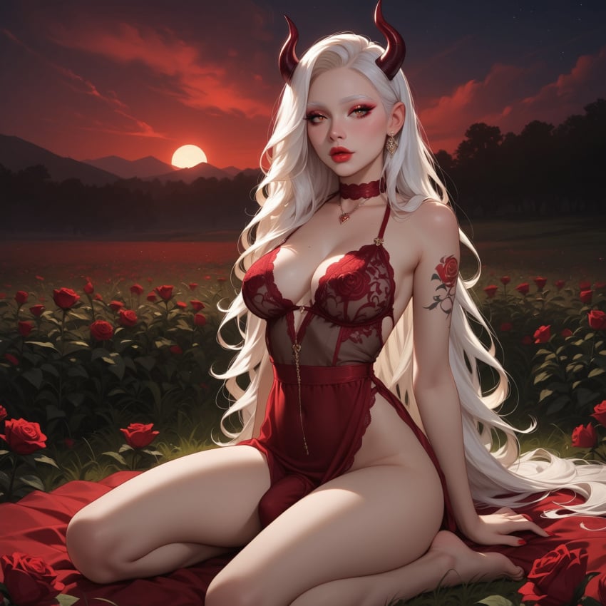 ai_generated blindparty choker civitai demon demon_futa demon_horns futanari makeup night night_sky outside penis_bulge red_clothing red_lipstick solo tagme white_hair