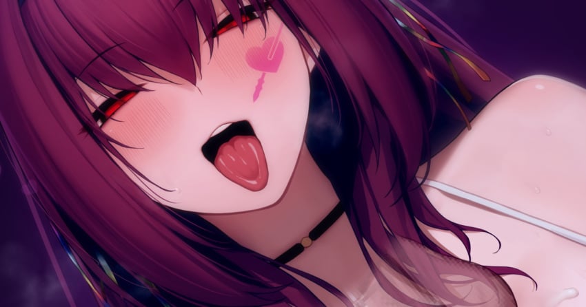 black_choker censored choker commentary_request fate/grand_order fate_(series) female gradient_ribbon hair_ribbon looking_at_viewer lun7732 mosaic_censoring narrowed_eyes pink_hair purple_background red_eyes ribbon scathach_(fate) solo tank_top teeth testicles tongue tongue_out upper_teeth_only white_tank_top