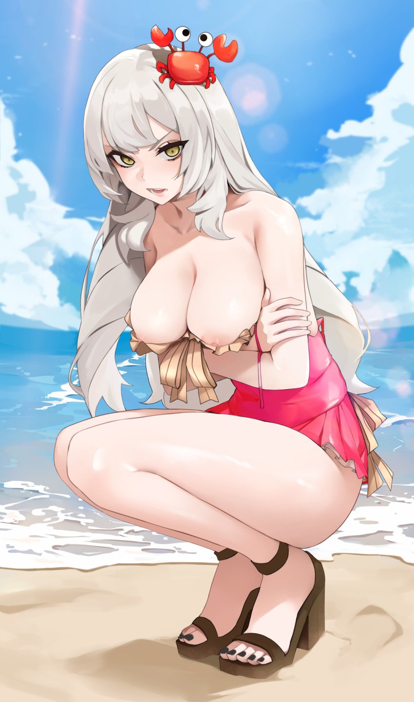 areola_slip bare_shoulders beach breasts cleavage collarbone cosplay crab crab_on_head dress_swimsuit fate/grand_order fate_(series) female highres knees_together_feet_apart large_breasts long_hair looking_at_viewer marie_antoinette_(alter)_(fate) marie_antoinette_(alter)_(third_ascension)_(fate) marie_antoinette_(fate) marie_antoinette_(fate/grand_order) marie_antoinette_(swimsuit_caster)_(fate) marie_antoinette_(swimsuit_caster)_(fate)_(cosplay) marie_antoinette_(swimsuit_caster)_(first_ascension)_(fate) marie_antoinette_alter_(fate) marie_antoinette_alter_(third_ascension)_(fate) nipple_slip nipples noir_(4chan) one-piece_swimsuit open_mouth red_one-piece_swimsuit sandals shore solo squatting swimsuit white_hair yellow_eyes