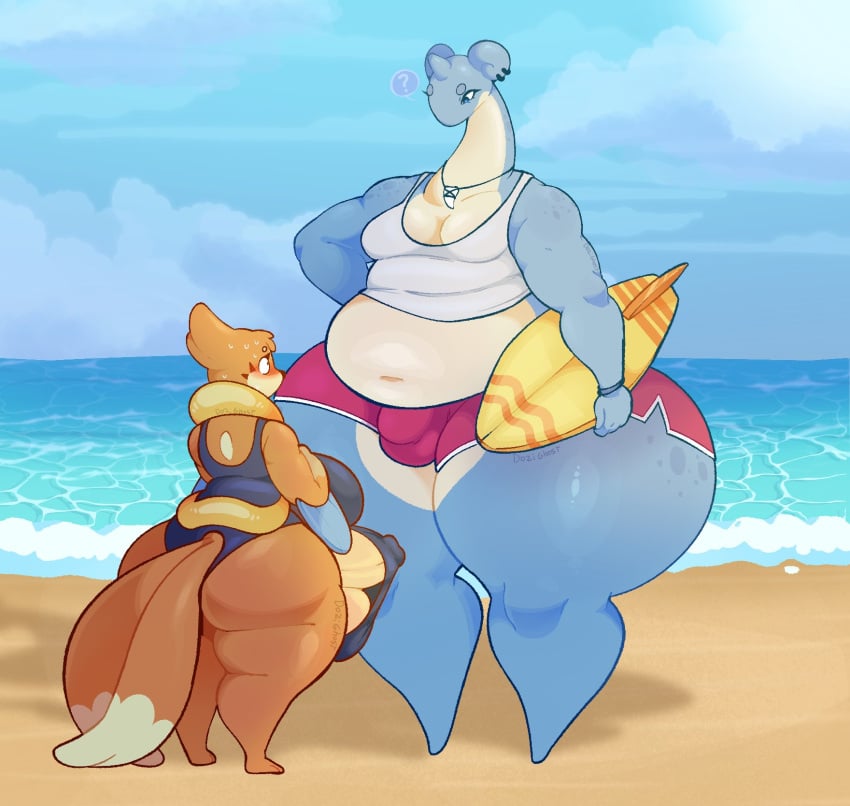 1_horn 2024 2_tails anthro anthrofied armband artist_name ass balls beach belly big_balls big_belly big_breasts big_butt big_penis black_markings blue_body blue_skin blush bodily_fluids breasts bulge bulge_under_swimsuit canid canine clothed clothing cloud colored detailed_background digital_drawing_(artwork) digital_media_(artwork) dozighost duo english_text erection erection_under_clothing erection_under_swimsuit feet flaccid floatzel fur furgonomics generation_1_pokemon generation_4_pokemon genitals glistening glistening_belly glistening_body glistening_butt glistening_moobs glistening_thighs gynomorph hard_on head_tuft hi_res holding_object horn huge_butt huge_penis huge_thighs hyper_breasts hyper_thighs intersex jewelry lapras larger_anthro larger_male male mammal markings moobs multi_tail multicolored_body multicolored_fur navel necklace nintendo orange_body orange_fur overweight overweight_anthro overweight_male penis penis_outline piercing pokemon pokemon_(species) pokemorph portrait question_mark sand shaded shark_tooth_necklace shirt signature size_difference sky smaller_anthro smaller_gynomorph smaller_intersex soft_penis speech_bubble spots spotted_body standing surfboard sweat sweatdrop swimming_trunks swimwear tail tan_body tan_fur tan_skin tank_top teeth tenting text thick_penis thick_thighs topwear tuft two_tone_body two_tone_tail undersized_clothing underwear water wide_hips