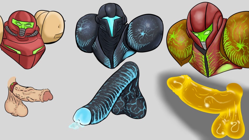 armor armored_dark_samus armored_samus black_body cock cock_ring dark_samus foreskin futanari glowing_cum glowing_genitalia glowing_penis leaking leaking_cum leaking_precum massive_balls metroid multiple_futa penis penis_size_chart penis_size_comparison penis_size_difference sa-x samus_aran thecomedyjester transparent_body unique_penis