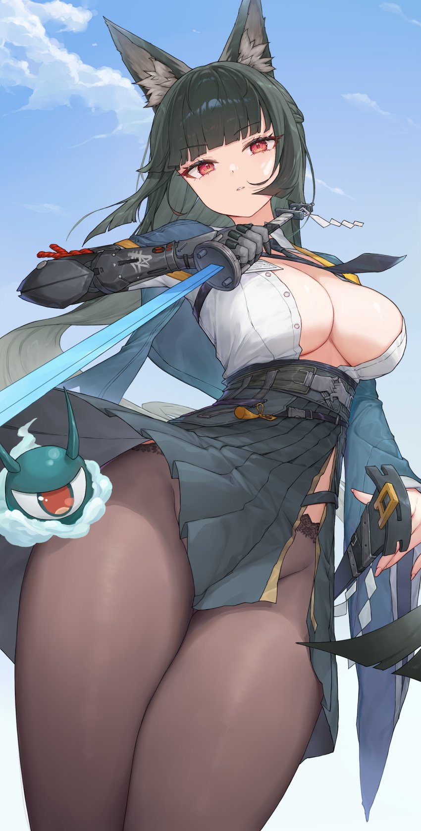 1girl absurdres animal_ear_fluff animal_ears black_necktie black_pantyhose blue_sky blunt_bangs breasts center_opening commentary day fox_ears fox_girl green_hair green_jacket green_skirt high-waist_skirt highres holding holding_sword holding_weapon hoshimi_miyabi jacket katana kiriko_(araragikoyomi) large_breasts long_hair looking_at_viewer necktie open_clothes open_shirt pantyhose parted_lips red_eyes reverse_grip shirt side_slit skirt sky solo sword weapon white_shirt zenless_zone_zero