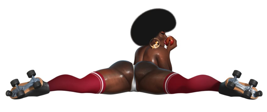 1girls afro apple black_pinup_project bubble_butt dark-skinned_female earrings eating eating_food eyeshadow female lipstick long_nails presenting retro_artstyle roller_skates solo stockings stockings_thigh_highs thick_thighs thigh_highs topless