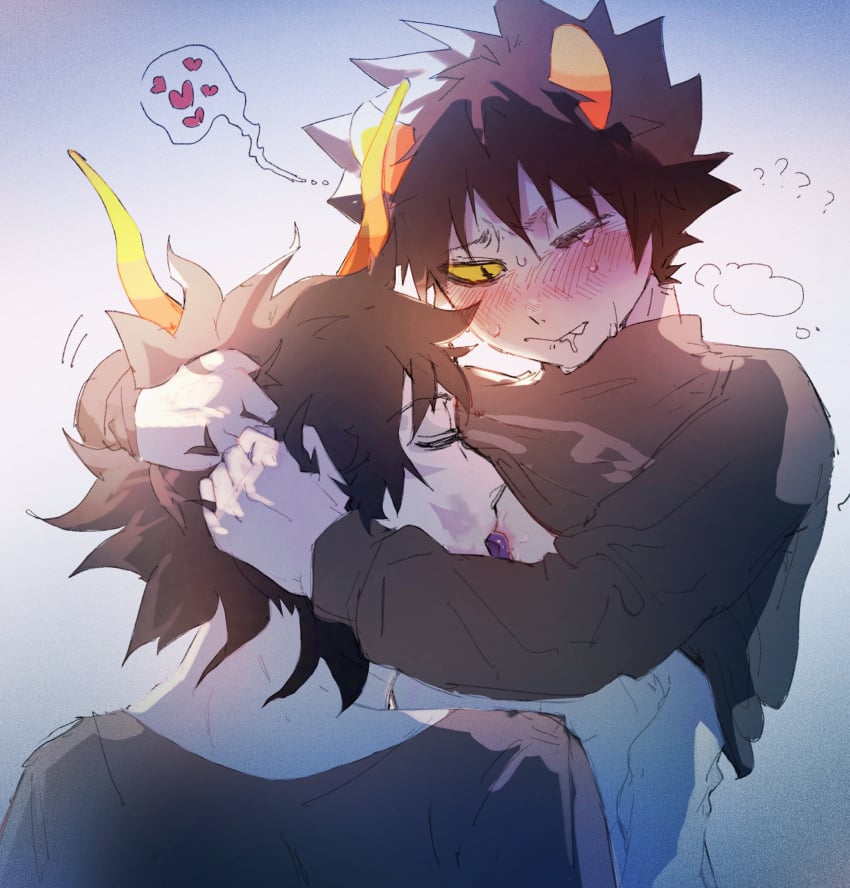 blush blushed blushing_male clothes_lift eyebrows gamzee_makara gay grabbing_hair karkat_vantas licking_nipples nipple_suck nipple_sucking sweater_up sweating torso_grab tweaking winking