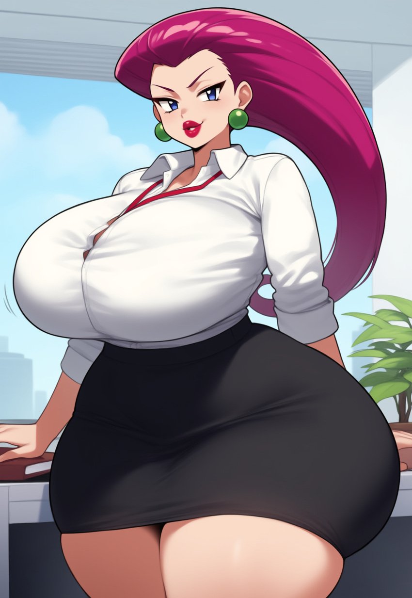 ai_generated big_lips button_down_shirt huge_hips huge_lips jessie_(pokemon) lubbasdump magenta_hair office office_clothing office_lady pokemon skirt team_rocket wide_hips