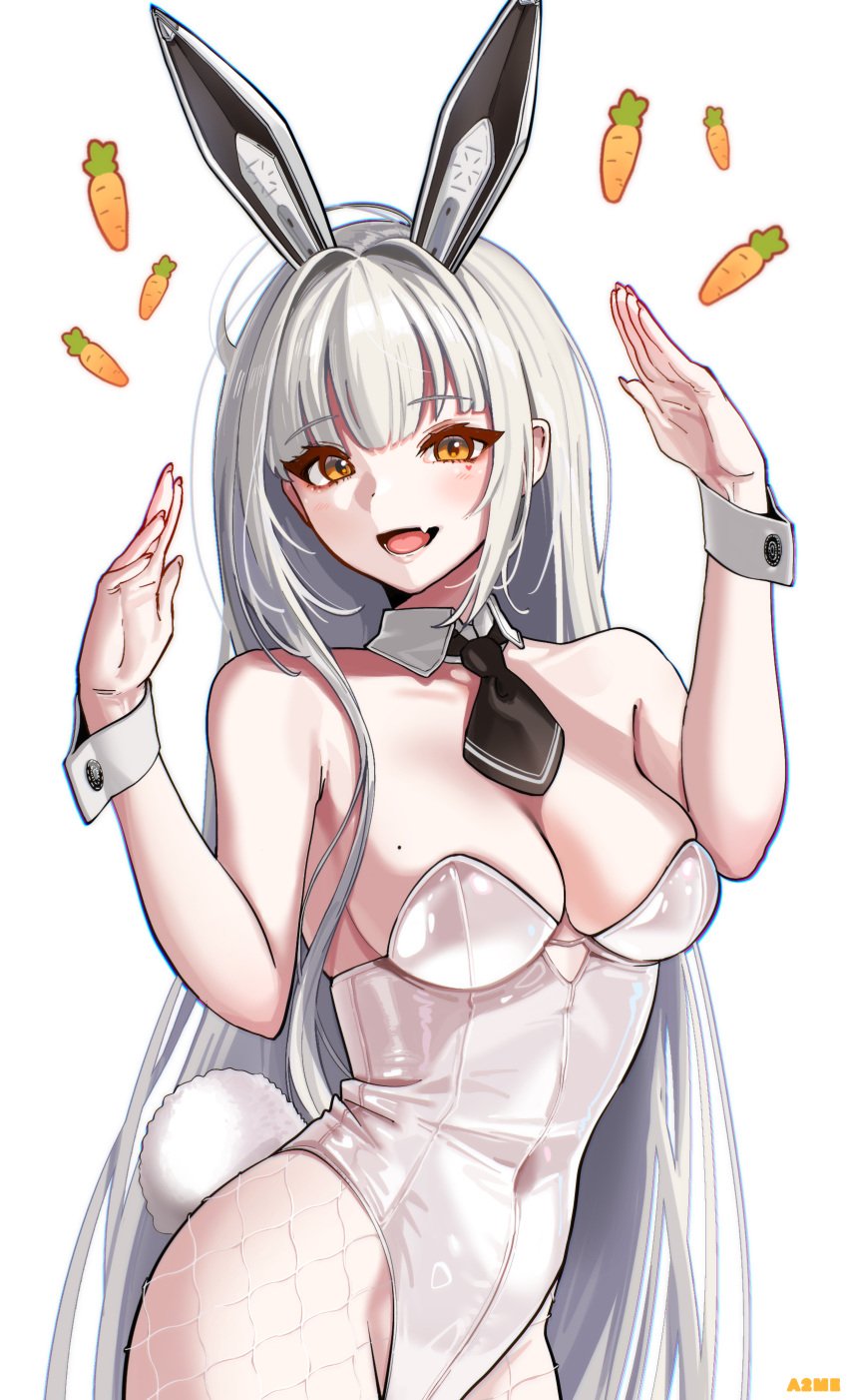 aa2mee absurdres animal_ears artist_name blanc_(nikke) blush breasts carrot cleavage collar facial_mark female fishnets goddess_of_victory:_nikke grey_hair heart heart_facial_mark highres leotard looking_at_viewer medium_breasts necktie oerba_yun_fang open_mouth orange_eyes playboy_bunny rabbit_ears rabbit_tail skin_fang smile solo tail white_background wrist_cuffs