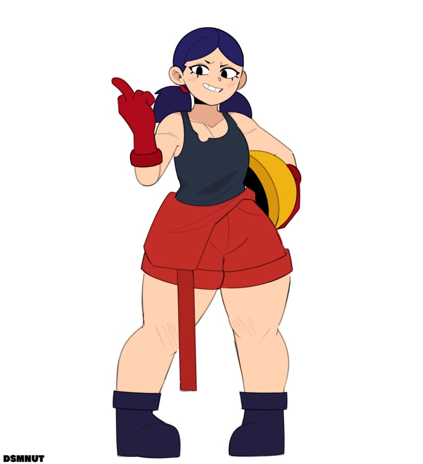 big_thighs black_hair brawl_stars clothed dsmnup dsmnut grin jacky_(brawl_stars) middle_finger small_breasts tagme wide_hips