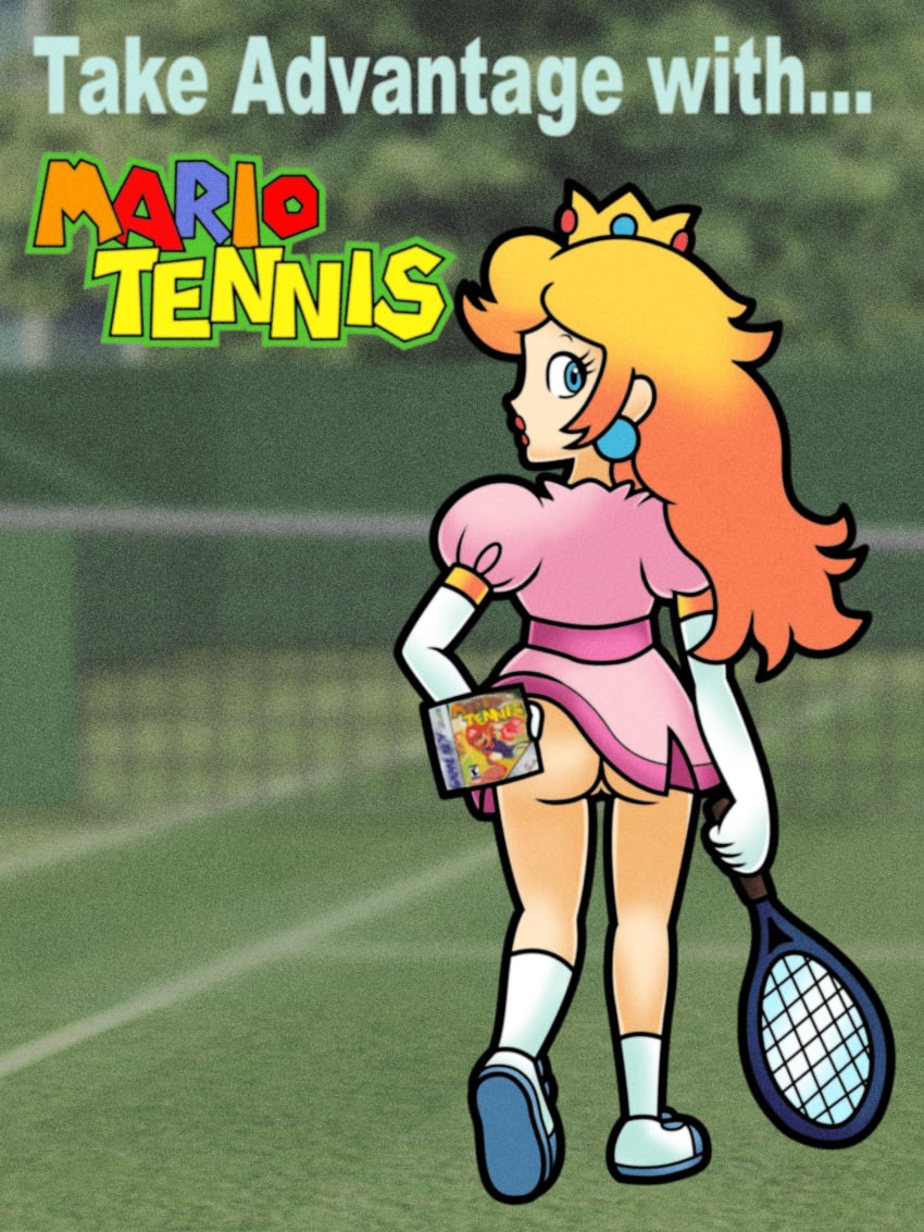 1girls accurate_art_style blonde_hair crown english_text female female_only lisnovski long_hair looking_at_viewer mario_tennis nintendo princess_peach skirt_lift solo solo_female super_mario_bros. tennis_racket text