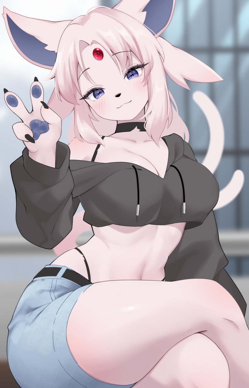 1girls 2d 2d_(artwork) 4_fingers anthro big_breasts blue_eyes blush colored crossed_legs digital_media_(artwork) eeveelution espeon hi_res looking_at_viewer maru_mao_(artist) nintendo pawpads pink_ears pink_hair pokemon pokemon_(species) shorts tail thick_thighs topwear v_sign white_body