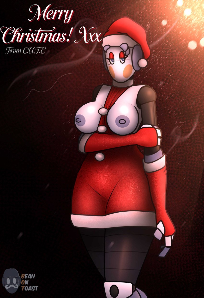 2024 2d 2d_(artwork) 2d_artwork animatronic animatronic_female areola areolae artist_logo artist_name beanontoast black_body c.u.t.e christmas_outfit female five_nights_at_freddy&#039;s five_nights_at_freddy&#039;s:_security_breach grey_skin nipples original_character red_cheeks robot robot_girl robot_joints staff_bot_(security_breach) thick_ass thick_thighs