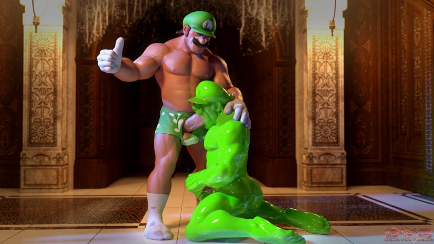 2boys 3d 3d_(artwork) abs blowjob brown_hair clothing darkviperbara duo erection facial_hair gay gloves gooigi green_body green_hat green_underwear hat hi_res humanoid indoors looking_down luigi luigi's_mansion male male/male mario_(series) mostly_nude moustache muscular muscular_male nintendo on_knees oral oral_sex penis penis_in_mouth socks standing super_mario_bros. thumbs_up underwear white_gloves white_socks