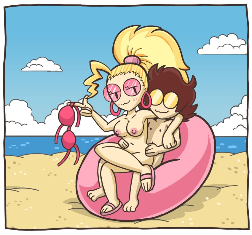 1boy :3 accurate_art_style beach blonde_hair bra crossed_legs female glasses lisnovski looking_pleasured nerd_and_jock_(webcomic) oc ponytail queen_(nerd_and_jock)