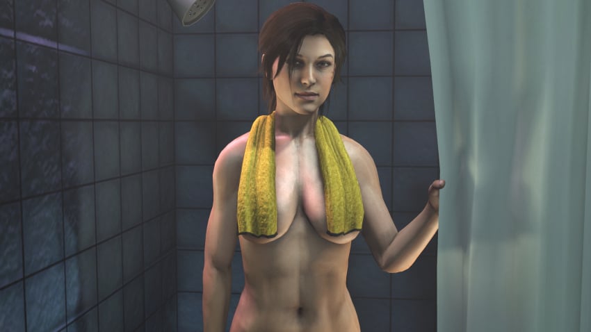 3d brown_hair casual female heebiejeebus human lara_croft nude nude_female pale_skin tomb_raider towel_around_neck towel_over_breasts upper_body