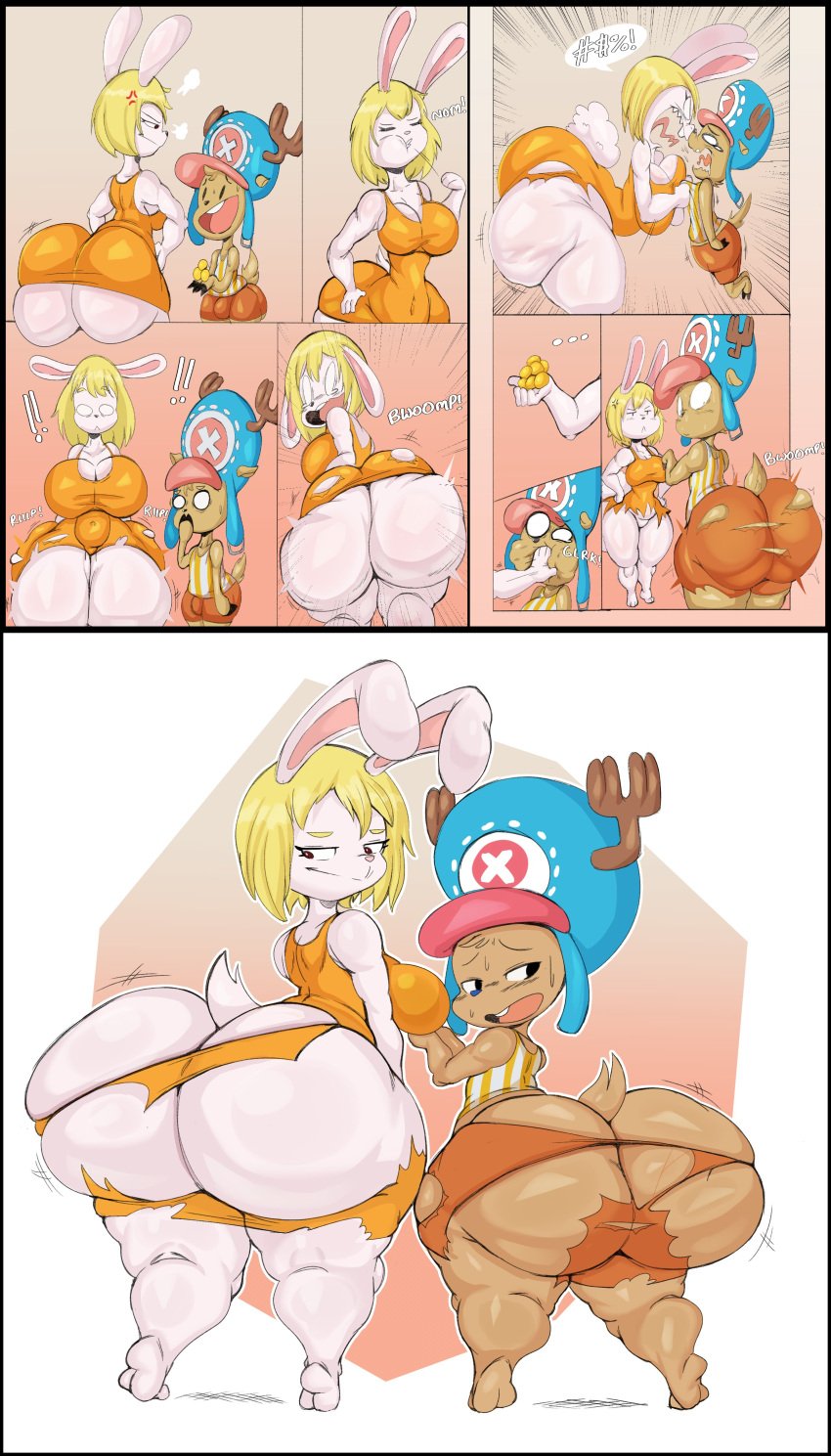 1boy 1girls anger_vein angry annoyed anthro antlers ass ass_cleavage ass_expansion ass_visible_from_the_front big_ass blonde_hair bottom_heavy breasts bubble_butt butt_crack carrot_(one_piece) cellulite dress edit edited female femboy force_feeding hat huge_ass lagomorph large_ass looking_at_ass looking_at_self looking_back male nervous_sweat one_piece purple_yoshi_draws rabbit reindeer shorts surprised sweat thick_ass thick_thighs thunder_thighs tony_tony_chopper torn_clothing transformation_food wardrobe_malfunction wide_hips yelling