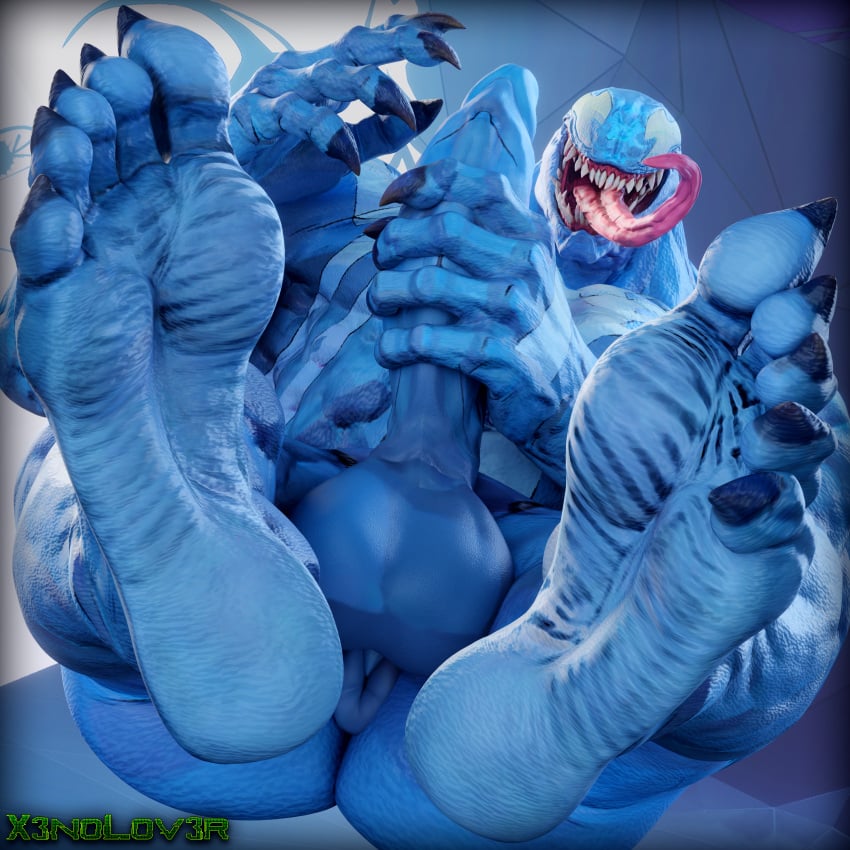 1:1 1boy 3d 3d_(artwork) absurd_res alien alien_humanoid anus ass balls big_muscles big_penis blender_(artwork) blue_body claws digital_media_(artwork) emblem empty_eyes erection feet foot_focus genitals hi_res huge_filesize humanoid humanoid_genitalia humanoid_penis long_tongue looking_at_viewer male male_only marvel marvel_rivals masturbation muscular nude open_mouth penile penile_masturbation penis sharp_teeth solo symbiote teeth thekidxeno toe_claws tongue tongue_out venom_(marvel)