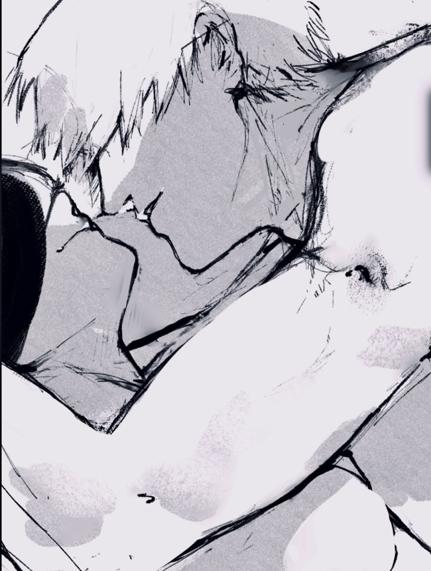 1boy 1boy1girl 1girls black_hair blush breasts canon_couple completely_nude greyscale hair_over_one_eye husband_and_wife imminent_kiss kaneki_ken kirishima_touka lighting looking_at_another married_couple monochrome muscular muscular_male numuhe_ one_eye_obstructed romantic romantic_couple sideboob smile straight tokyo_ghoul tokyo_ghoul:re white_hair wholesome