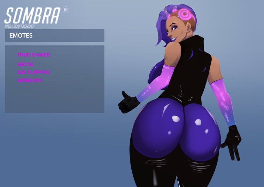 1girls ass back_view beauty_mark big_ass big_breasts breasts dark-skinned_female dark_skin fake_screenshot female female_only gameplay_mechanics latina menu_screen nipple_bulge nipples overwatch overwatch_2 rudynood skintight solo solo_female sombra thick_thighs v_sign wide_hips