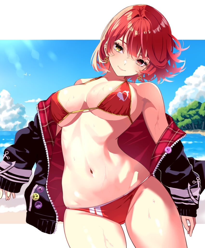 1girls absurdres bare_shoulders beach bikini black_jacket breasts cloud collarbone cowboy_shot earrings forest head_tilt heart heart_earrings heart_print heterochromia highres hololive houshou_marine houshou_marine_(summer) jacket jewelry large_breasts nature navel neji_mawashi3 ocean off_shoulder print_bikini red_bikini red_eyes red_hair solo sunlight swimsuit tree virtual_youtuber yellow_eyes