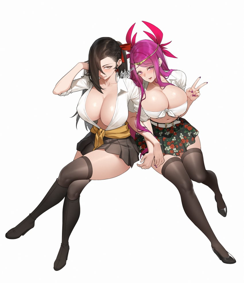 2girls absurdres alternate_costume belt black_footwear black_legwear black_skirt blush boots bow braid breasts brown_eyes brown_hair circlet clothes_around_waist collared_shirt covered_nipples dress_shirt fingernails fire_emblem fire_emblem_engage fire_emblem_fates floral_print green_skirt hair_over_one_eye hair_over_shoulder hair_ribbon hand_in_own_hair high_heels highres huge_breasts huge_filesize invisible_chair ivy_(fire_emblem) jewelry kagero_(fire_emblem) knee_boots locked_arms long_fingernails long_hair looking_at_viewer miniskirt mole mole_under_mouth multiple_girls nail_polish navel pleated_skirt pumps purple_eyes purple_hair purple_nails red_ribbon ribbon ring school_uniform shiny_skin shizuko_hideyoshi simple_background sitting skirt sleeves_rolled_up smile thighhighs tied_shirt v very_long_hair white_background