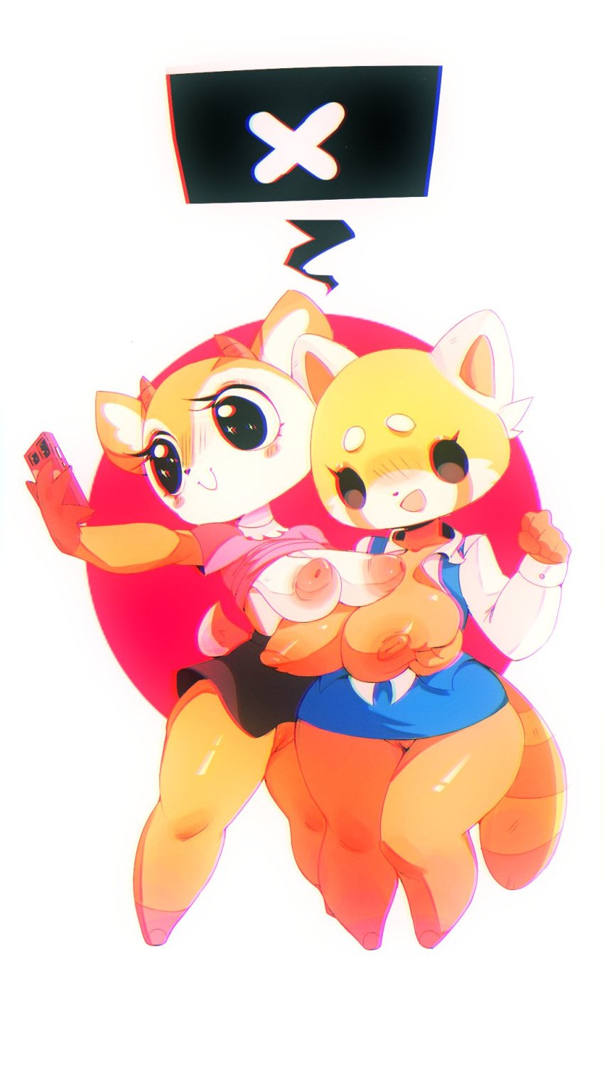 2024 2girls adorable aggressive_retsuko big_breasts black_eyes blush breasts brown_eyes cellphone cute deer female female_only furry huhujujuy nipples open_clothes orange_fur pussy red_panda retsuko sanrio shirt shirt_lift thick_thighs thighs tsunoda white_background