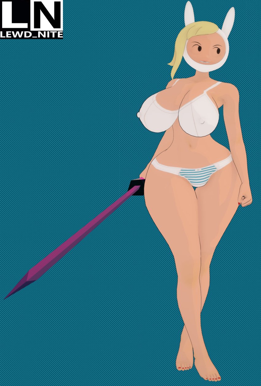 1girls 3d adventure_time barefoot casual casual_underwear clothing feet female fionna_and_cake fionna_campbell fionna_the_human_girl footwear_removed front_view headwear human lewd_nite no_legwear pale_skin pinup sword tagme weapon