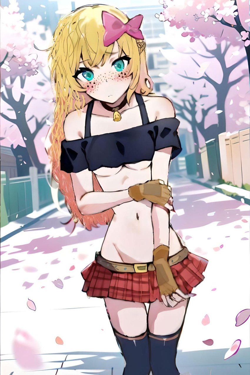 actualtrashhuman ai ai_generated alexis_woodrider alt_girl aqua_eyes bare_midriff bare_shoulders barely_clothed bell_collar belt black_legwear black_stockings black_topwear blonde_hair blonde_to_pink_hair blush blushing bow_in_hair cherry_blossoms choker crop_top female fingerless_gloves flat_stomach freckled_face freckles freckles_on_face french_braid golden_hair gradient_hair groin hairbow long_hair midriff miniskirt multicolored_hair navel off-shoulder_shirt off_shoulder ombre_hair outdoors plaid_skirt pleated_skirt punk_girl red_skirt revealing_clothes skimpy skimpy_clothes skinny skinny_female skinny_legs skirt slender_body slender_waist slut slutty_outfit studded_belt tartan_skirt thigh_highs underboob wavy_hair y2k