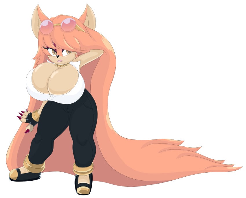 absurd_res anthro bat big_breasts breasts clothed clothing colored_nails eyewear eyewear_on_head female fur gem hair hi_res huge_breasts jewelry long_hair mammal nails necklace pearl_(gem) pearl_necklace pink_body pink_fur pink_hair rougethedaisy sega solo solo_focus sonic_(series) sonic_the_hedgehog_(series) sunglasses sunglasses_on_head yellow_eyes