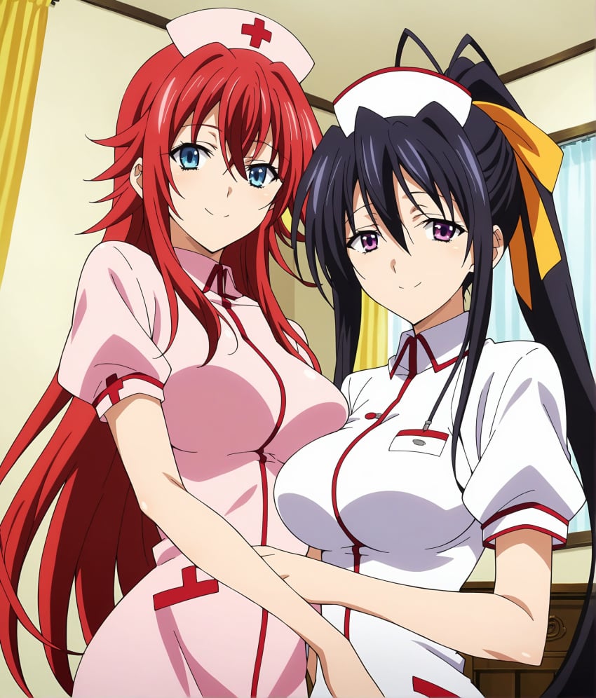 2females ai_generated akeno_himejima black_hair female_only high_school_dxd large_breasts light-skinned_female long_hair nurse nurse_cap nurse_uniform nurses red_hair rias_gremory wakih yuri