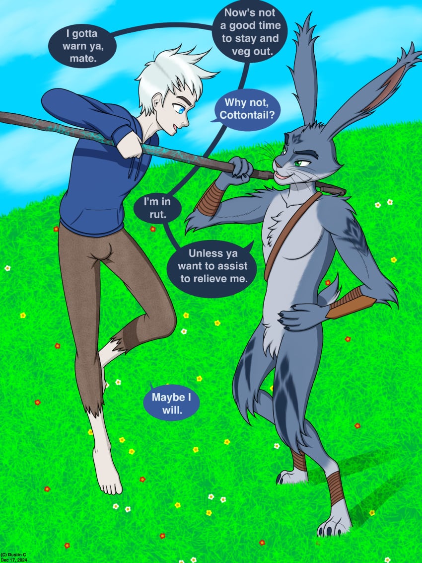 3:4 anthro blue_body blue_eyes blue_fur blue_sky bottomwear bunnymund clothed clothing digital_media_(artwork) dreamworks duo dustin_c easter easter_bunny easter_bunny_(rise_of_the_guardians) english_text flower fur grass green_eyes hair hi_res holidays hoodie human jack_frost jack_frost_(rise_of_the_guardians) lagomorph leporid male male/male mammal open_mouth paramount_pictures plant rabbit rise_of_the_guardians simple_background sky smile tail text topwear white_hair