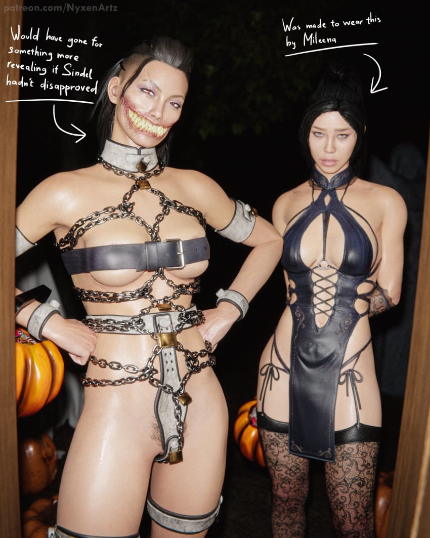 3d bondage caption chains chastity_belt female_chastity femsub flashlight halloween kitana lingerie mileena mileena_(new_era) mortal_kombat mortal_kombat_1_(2023) nyxenartz revealing_clothes self_upload tarkatan trick_or_treat