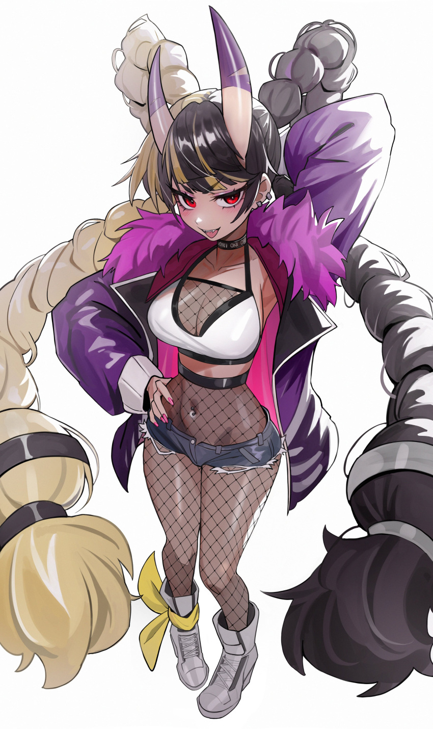 1girls absurd_res arm_behind_head ayaka_(athighhighguy) black_hair blonde_hair boots braided_hair female female_only fishnet_pantyhose fishnets hand_on_hip horns jacket jean_shorts kiritzugu looking_at_viewer minishorts oni oni_horns red_eyes smiling smiling_at_viewer solo tank_top two_tone_hair very_long_hair white_background