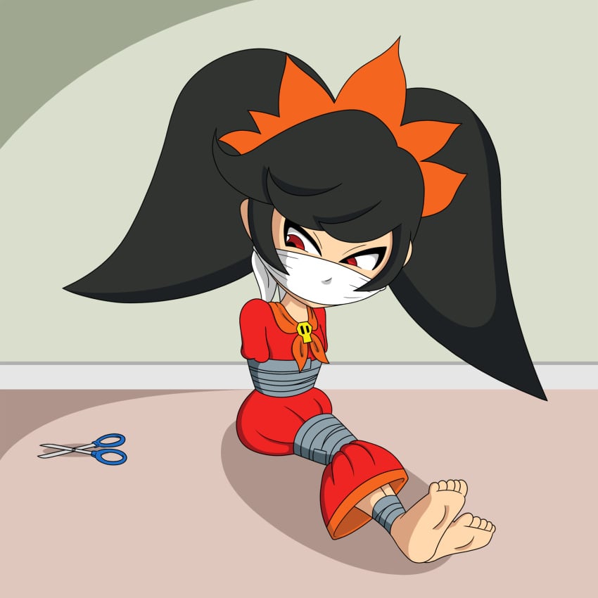 ashley_(warioware) barefoot black_hair bondage escaping imightbemick otn_gag pigtails red_dress red_eyes scissors tape_bondage tiara