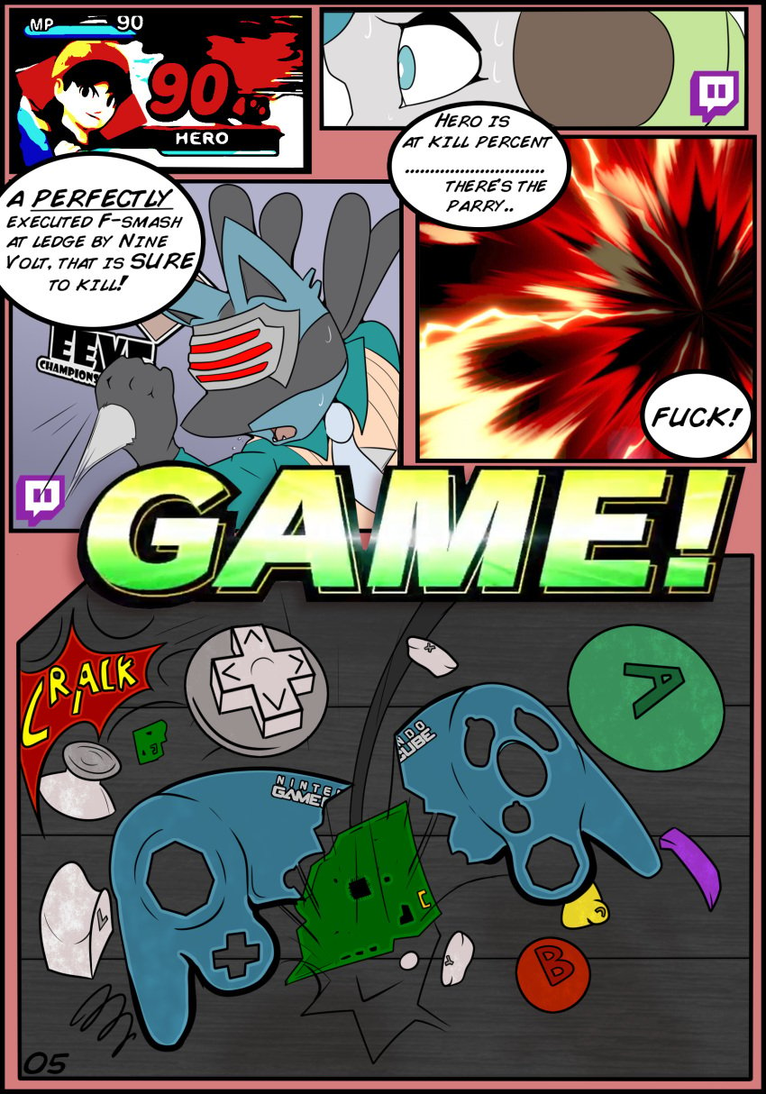 absurd_res bodily_fluids broken broken_controller capcom comic comic_book comic_panel controller cord directional_arrow dpad dragon_quest eight_(dragon_quest) female five_frame_image game_controller gamecube gamecube_controller generation_4_pokemon generation_5_pokemon godot_(ace_attorney) gyakuten_saiban hero_(dq8) hi_res human joystick legendary_pokemon lucario male mammal meloetta microchip nintendo nintendo_controller onomatopoeia page_number pcb pokemon pokemon_(species) sound_effects speech_bubble spring square_enix stick super_smash_bros. super_smash_bros._ultimate sweat sweatdrop talentlesshack text tournament twitch.tv wired_controller