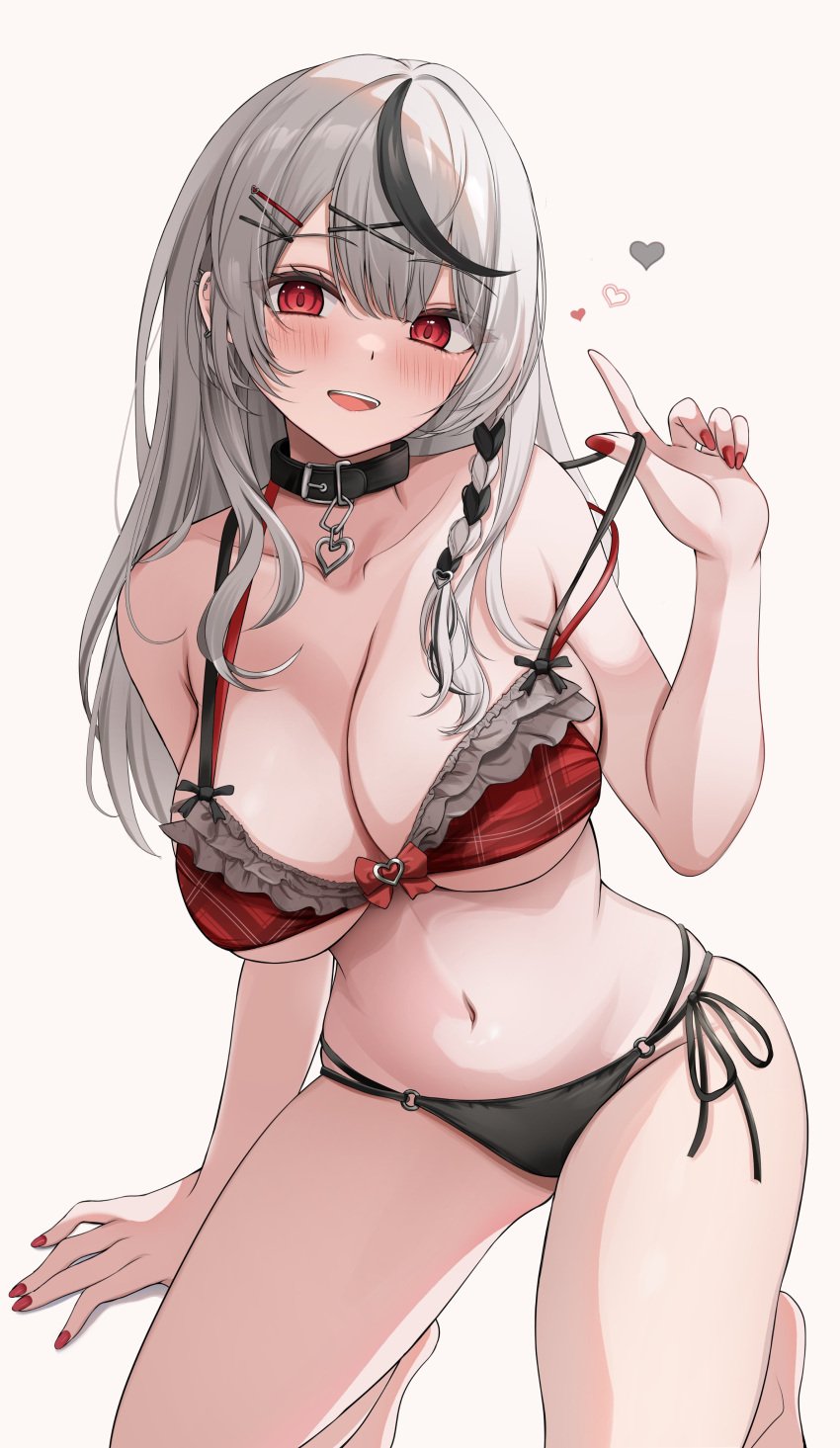 7nopi absurdres arm_support bare_shoulders barefoot belt belt_collar bikini black_belt black_bikini black_choker black_hair blush braid breasts choker cleavage collar collarbone cute ear_piercing female fingernails frilled_bikini frills grey_hair hair_ornament hairclip heart heart_collar heart_hair_ornament highres hololive hololive_japan holox index_finger_raised large_breasts long_hair looking_at_viewer mismatched_bikini multicolored_hair nail_polish navel o-ring o-ring_bikini open_mouth piercing plaid_bikini plaid_clothes pulling_own_clothes red_bikini red_eyes red_nails sakamata_chloe side-tie_bikini_bottom smile solo spiked_ear_piercing stomach strap_pull streaked_hair swimsuit teeth thighs two-tone_hair upper_teeth_only virtual_youtuber wholesome