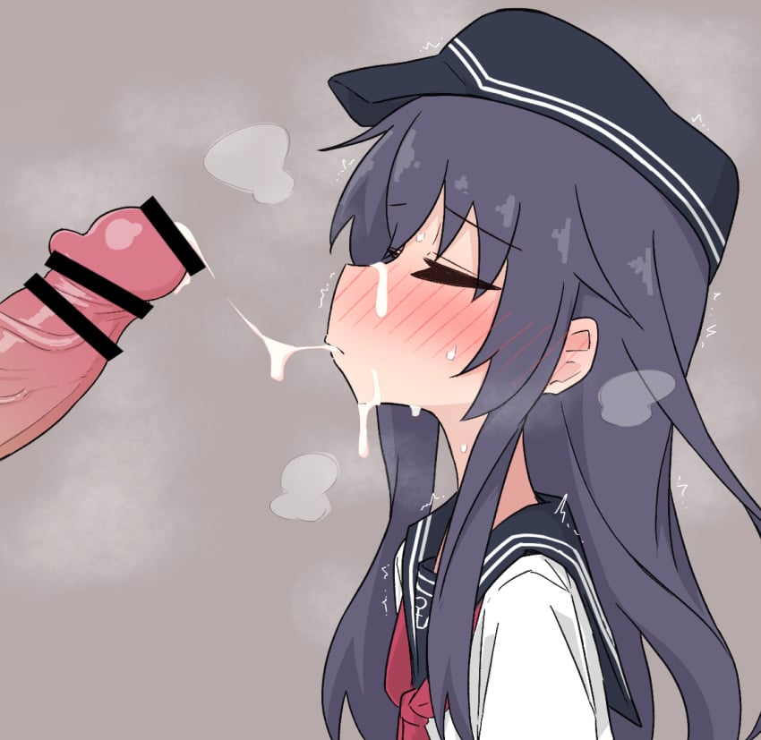 1boy 1girls after_ejaculation akatsuki_(kantai_collection) ame_(amechan17391739) blue_hair blush closed_eyes cum cum_on_body facial female grey_background hat kantai_collection long_hair male male/female penis school_uniform serafuku sidelocks simple_background solo_focus steam steaming_body straight sweat white_serafuku